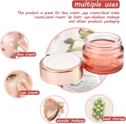 Vista 3 de 12 frascos de vidrio rosa de 0.5 onzas, tarros de crema vacíos recargables con tapas de oro rosa y forro interior, frascos de muestra