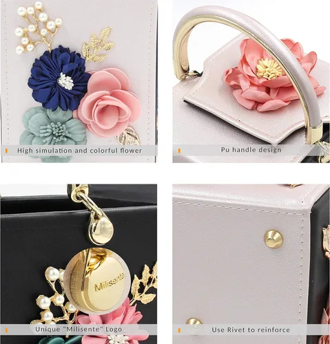 Vista 2 de Milisente Bolso de mano de noche para mujer, caja cuadrada floral, bolsos de noche, bolsos cruzados de hombro, bolso de mano de flores para boda