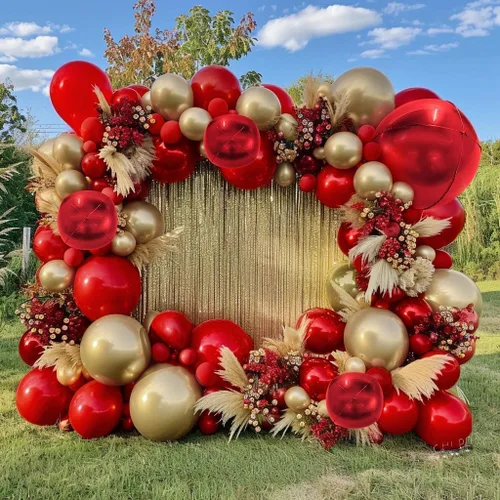 Vista 9 de Guirnalda de globos de color burdeos y negro con doble relleno, color rojo oscuro, dorado, granate y negro, kit de arco de globos para cumpleaños