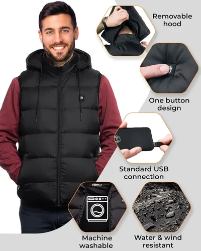 Vista 5 de Foxelli Chaleco calefactado para hombre chaleco ligero recargable por USB con batería incluida Negro