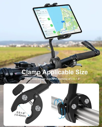 Vista 3 de Soporte para tableta de bicicleta con cuello de cisne, soporte para tableta de brazo ajustable para motocicleta, abrazadera de manillar