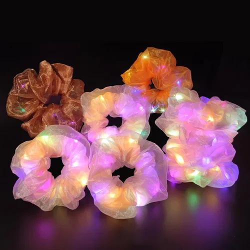 Vista 16 de Scrunchies LED, 18 piezas multicolor que brillan en la oscuridad suministros de fiesta, recuerdo de fiesta de neón, accesorios de festival rave