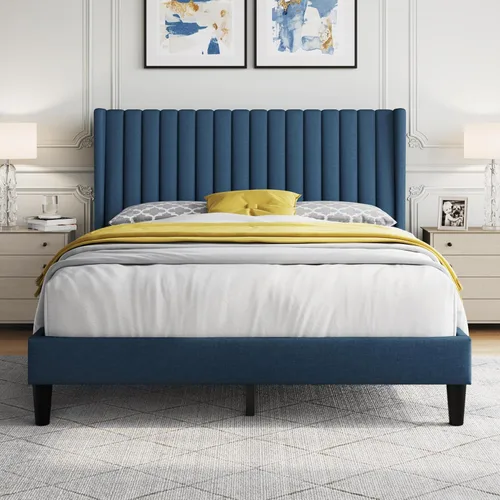 Vista 10 de Yaheetech Base de cama individual tapizada con cabecera de tela, diseño de borde de ala, antideslizante y sin ruido, soporte de listones de madera