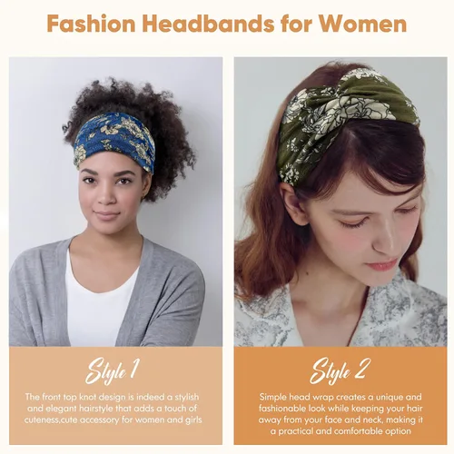 Vista 6 de Diademas anchas para mujeres y niñas, diadema bohemia con estampado floral, turbante nudo, diadema para entrenamiento, bandas para el cabello