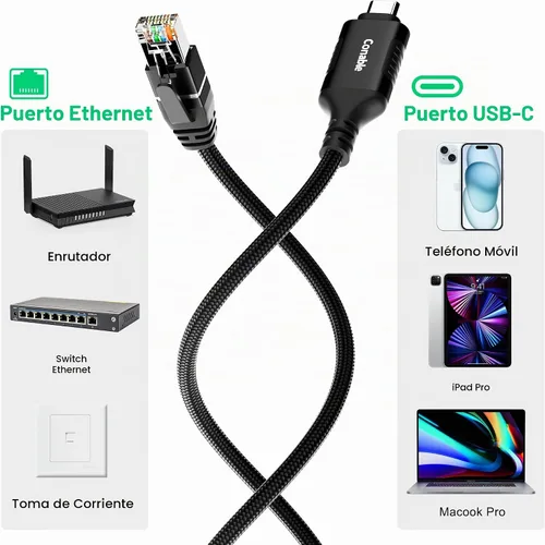 Vista 6 de Cable Ethernet a USB C de 1 pie, adaptador de red LAN de Internet tipo C a RJ45, Gigabit, trenzado, conectado directamente, Thunderbolt 4/3