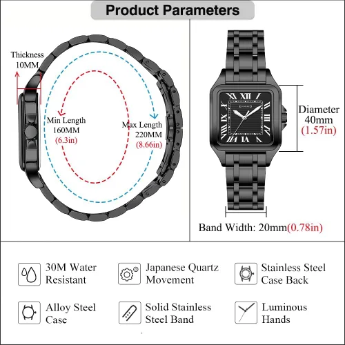 Vista 5 de Classic Square Watch for Men with Vintage Roman Numeral and Solid Stainless Steel Band
