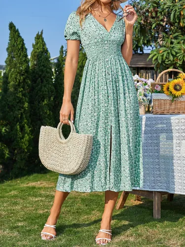 Vista 5 de CUPSHE Vestido largo para mujer, vestido largo de manga corta, escote en V, cuello en V