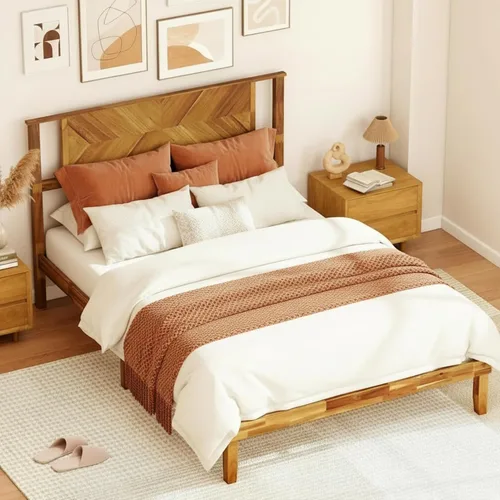 Vista 8 de KOMFOTT Base de cama de plataforma de madera de tamaño completo con cabecero, marco de cama de madera de mediados de siglo de 16 pulgadas