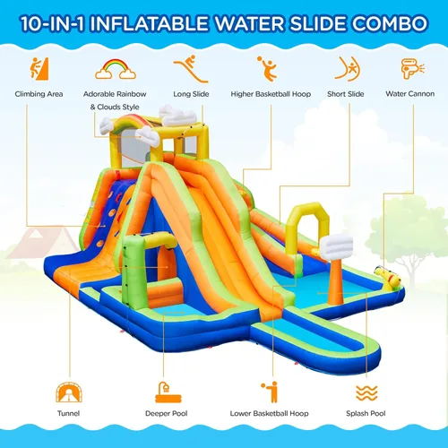 Vista 5 de Yaheetech - Casa inflable para rebotar, tobogán acuático estilo nubes arcoíris 10 en 1 Combo w/ 2 Pools & Large Climbing Wall & Tunnel, Double