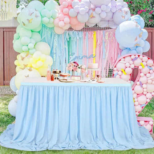 Vista 7 de QueenDream Falda de mesa de gasa azul bebé de 6 pies para mesa rectangular, mantel transparente para baby shower, boda, cumpleaños, fiesta temática