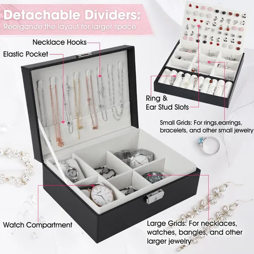 Vista 2 de Joyero organizador para mujeres y niñas, 2 capas de viaje con rollo de joyería plegable, juego de almacenamiento de joyas de cuero para anillos