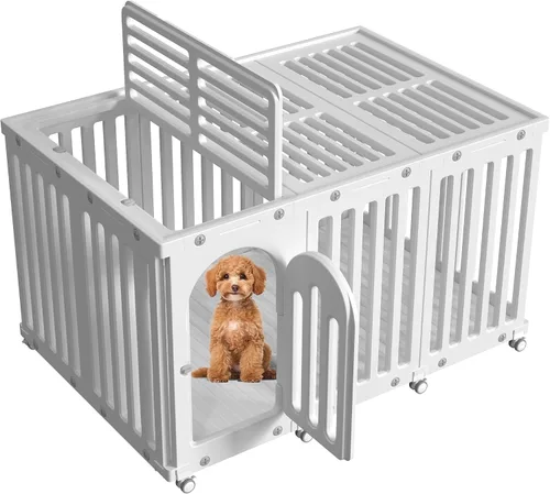Vista 8 de Corralito para perros con puerta y cubierta, panel de valla para cachorros, jaula para perros, corral para mascotas para perros pequeños y medianos