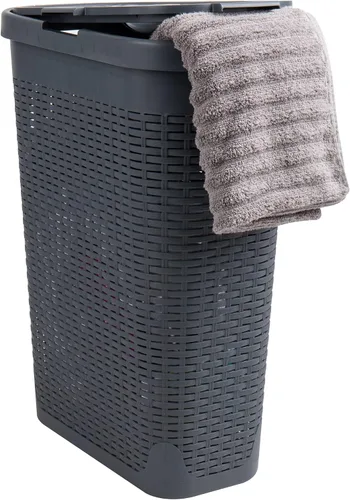 Vista 13 de Mind Reader Cesta de lavandería delgada con tapa, cesta de ropa de 40 L, diseño de mimbre premium, plástico, azul bebé
