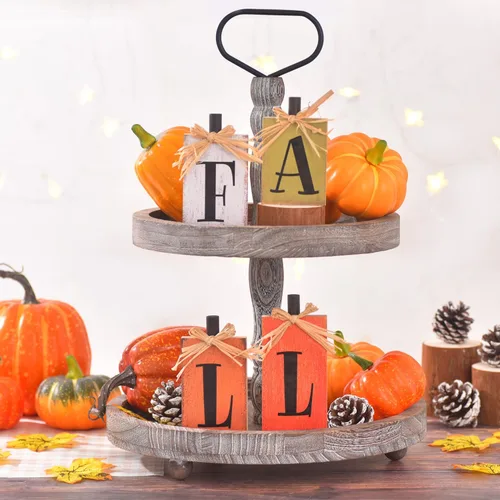Vista 2 de Ovootok Decoraciones de otoño para el hogar, 4 letreros rústicos de decoración del hogar, centros de mesa de otoño para mesas, juego de bloques