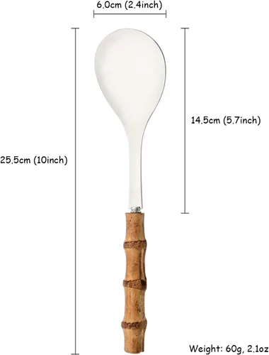 Vista 2 de Juego de 2 cucharas de servir de acero inoxidable de 10.0 pulgadas con mango de bambú natural, grandes utensilios plateados para servir, cucharón