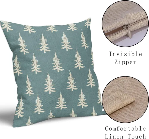Vista 4 de Juego de 2 fundas de almohada de Navidad color azul aguamarina de 16 x 16 pulgadas, árbol de Navidad, estilo rústico, estampado de invierno, fundas