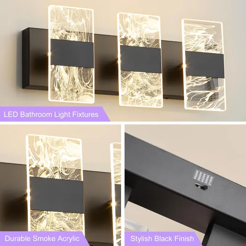 Vista 6 de Luminarias LED Modernas para Baño Regulables, Luz de Tocador Negra de 3 Luces, Luminaria de Iluminación Ajustable 5CCT Luces de Tocador Sobre