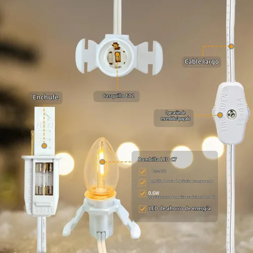 Vista 5 de Paquete de 2 cables de accesorios con 2 bombillas LED C7 con base de candelabro E12, cable blanco con enchufes de interruptor de encendido/apagado