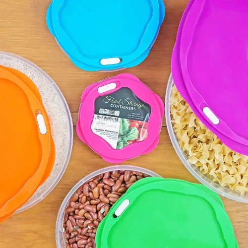 Vista 5 de Recipientes redondos de almacenamiento de alimentos con tapas coloridas a presión, juego de 5 recipientes de cocina de plástico