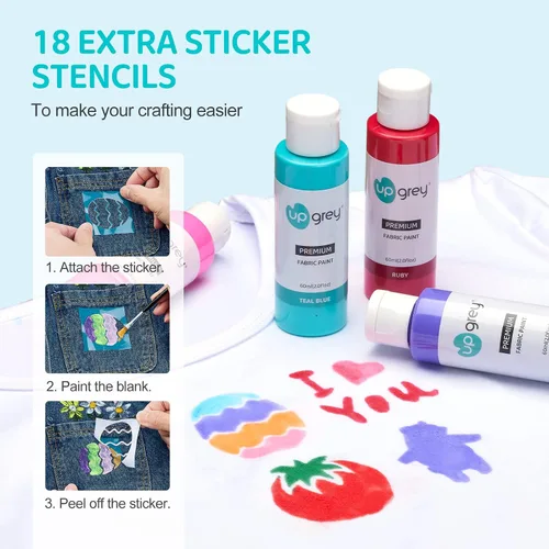 Vista 6 de Juego de pintura de tela para ropa, 20 colores (2.0 fl oz/2 oz cada uno) pintura textil permanente con 6 pinceles, 1 paleta, pintura de tela