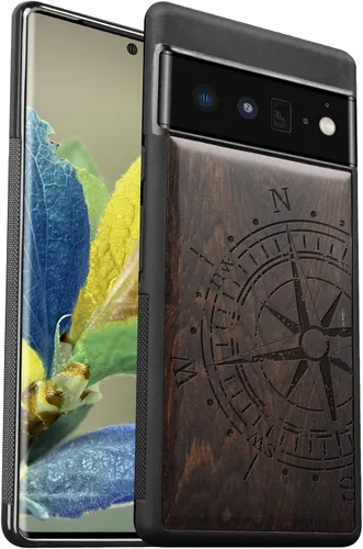 Vista 7 de Carveit Funda de madera para Pixel 6a [madera natural y TPU suave negro] a prueba de golpes, funda de madera única y elegante compatible con Google