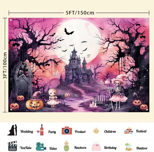 Vista 3 de Pancarta de fondo rosa de Halloween, bruja espeluznante, decoración de fiesta de cumpleaños de Halloween, fantasma rosa y negro, decoración de pared
