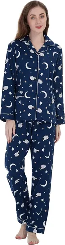 Vista 5 de GLOBAL Conjunto de pijama de franela para mujer, 100% algodón, pijama de manga larga con botones, ropa de descanso cálida