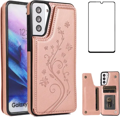 Vista 10 de Funda de teléfono para Samsung Galaxy S21 Plus Glaxay S21+ 5G con protector de pantalla de vidrio templado, tarjetero y tarjetero con soporte