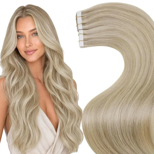 Vista 104 de LaaVoo - Extensiones de cabello humano con cinta adhesiva, color marrón a rubio ceniza, extensiones de cabello humano real, cintas en extensiones