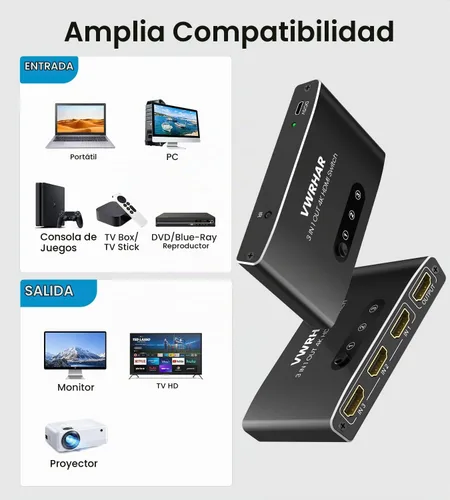 Vista 5 de Interruptor HDMI 3 en 1 Salida 4K UHD HDMI Switcher Splitter, interruptor automático con control remoto de metal HDMI Switch Box Hub Soporte 4K 3D