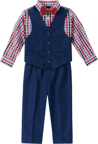 Vista 12 de Nautica Conjunto de traje formal de 4 piezas para niños con chaleco, pantalones, camisa de vestir con cuello y corbata Lino Azul