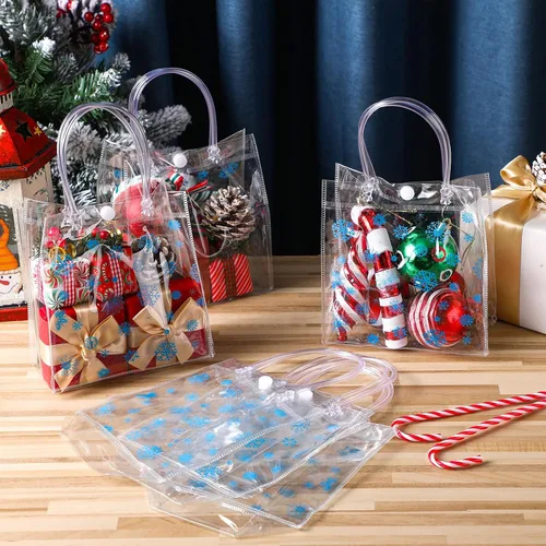 Vista 5 de Yeaqee 36 Piezas Bolsas de Regalo Transparentes de Copo de Nieve de Navidad con Asas Bolsas de Plástico a Granel para Dulces Bolsas Reutilizables