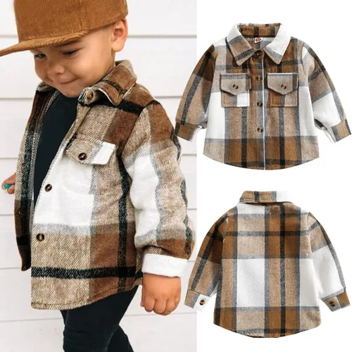 Vista 6 de HIUARA Chaqueta de franela para niños pequeños, a cuadros, de manga larga, con solapa, con botones, para bebés, niños y niñas, para otoño