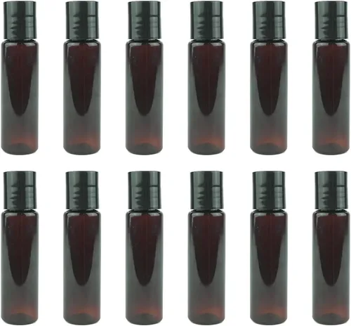 Vista 3 de Botellas de plástico ámbar (paquete de 12) – Botella de plástico ámbar de 1 onza con tapas de rosca; se utiliza como champú reutilizable, loción