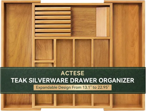Vista 10 de Teak Silverware Organizer For Drawer, Flatware Silverware Storage Tray