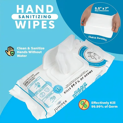 Vista 4 de Juniper CLEAN, 1 paquete de toallitas desinfectantes de manos, 72 toallitas desinfectantes de manos desechables, aroma fresco, sin pelusa y duraderas