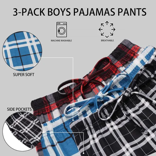 Vista 5 de Ekouaer Pantalones de pijama para niños, paquete de 3 pantalones de dormir suaves con cintura elástica para niños, pantalones de pijama a cuadros