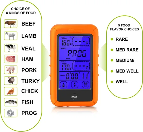 Vista 4 de Termómetro inalámbrico para carne, termómetro digital de carne para cocinar, termómetro de alimentos de lectura instantánea con 2 sondas de acero