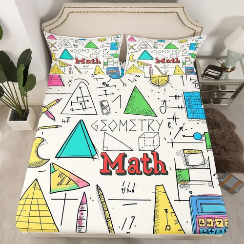 Vista 32 de Juego de ropa de cama ajustable con fórmula informática para niños y niños, diseño de geometría de acuarela, números, fórmula matemática, juego