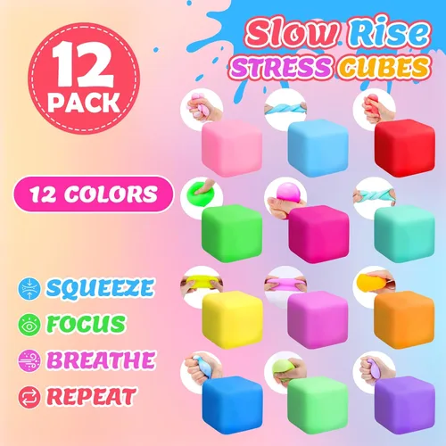 Vista 4 de Paquete de 12 cubos de estrés de aumento lento, bolas de estrés para masa, juguetes para aliviar la ansiedad, cubo suave, juguetes elásticos