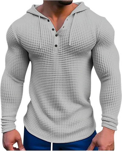 Vista 5 de Sudaderas con capucha para hombre, casuales, de manga larga, con cordón, de punto gofre, sudadera con capucha de ajuste muscular, camisetas