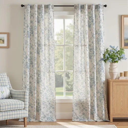 Vista 29 de Jinchan Cortinas de Mezcla de Lino con Estampado Floral para Sala de Estar, 84 Pulgadas de Largo, Cortinas con Bolsillo para Varilla y Tab Trasera