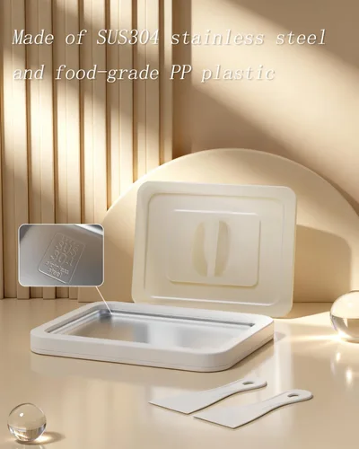 Vista 3 de Kit para hacer helados enrollados con tapa, 2 espátulas y guía de recetas - Bandeja de congelación instantánea para helado casero, actividades Verde