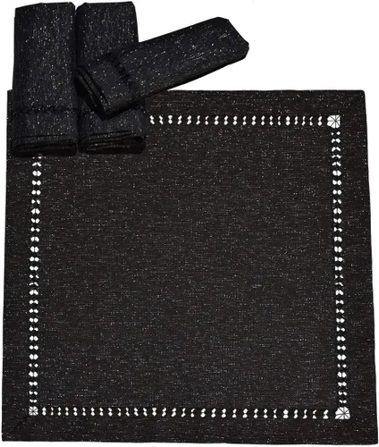 Vista 2 de Grelucgo Servilletas de mesa de comedor con dobladillo a mano para Halloween, hilo plateado entrelazado (negro, 4 servilletas de 18 x 18 pulgadas)