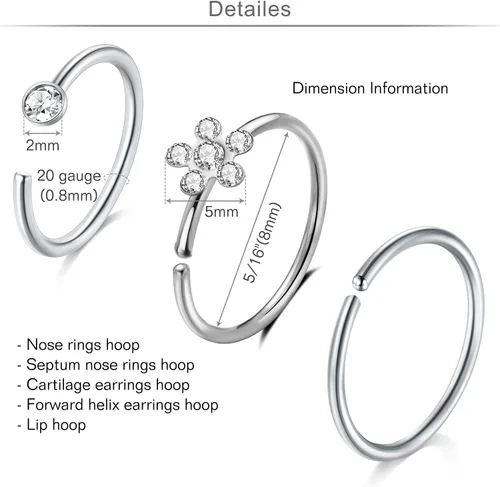 Vista 8 de MODRSA Piercing de nariz para mujer, de acero inoxidable, de plata, calibre 20
