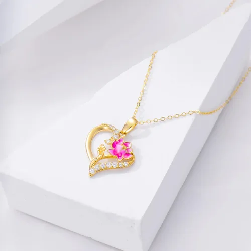 Vista 35 de Collar de flor de nacimiento de oro real de 14 quilates para mujer, oro amarillo creado moissanita con colgante de corazón, collares