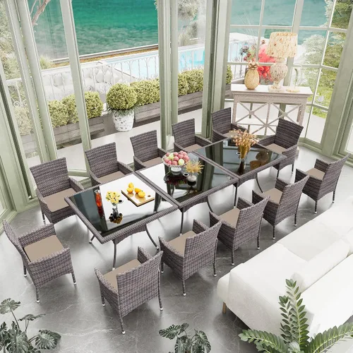 Vista 17 de Juego de 10 piezas de comedor para patio al aire libre, mesa de patio y sillas de ratán con agujero para paraguas, juego de mesa de comedor para 8