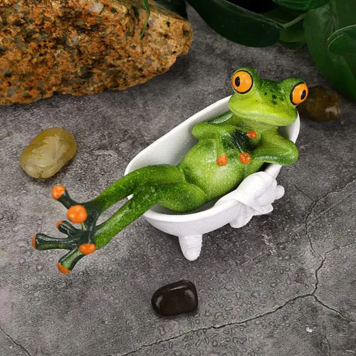 Vista 6 de JUXYES Figura de Rana de Resina de Artesanía Creativa, Rana Esculpida Acuclillada en la Bañera, Mascota Personalizada de Animal Coleccionable