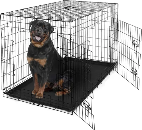 Vista 12 de CAPHAUS Perrera plegable de alambre de metal para perros con bandeja a prueba de fugas y patas protectoras y panel divisor, puerta individual