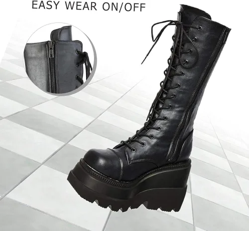 Vista 6 de CELNEPHO - Botas para mujer estilo de combate punk de plataforma alta hasta mitad de la pantorrilla de cuña con tacones altos y gruesos con puntera